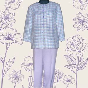 Alfred Dunner pants suit spring pastel creased pants with matching tweed jacket